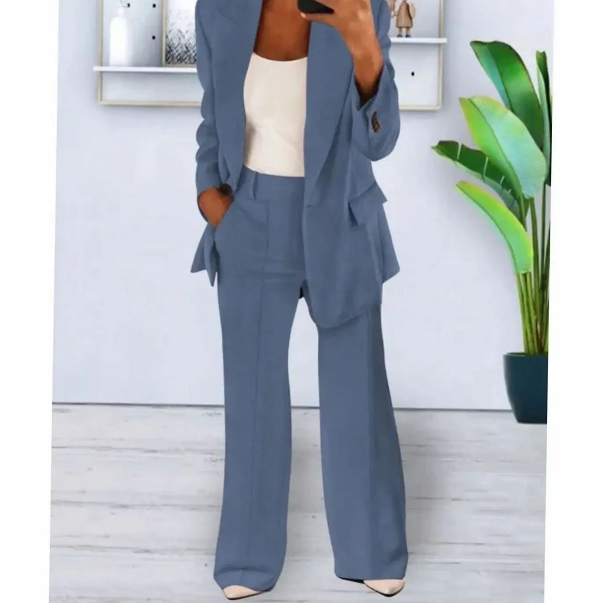 Conjunto de traje de dos piezas entallado para mujer, con blazer largo y pantalón de pierna ancha