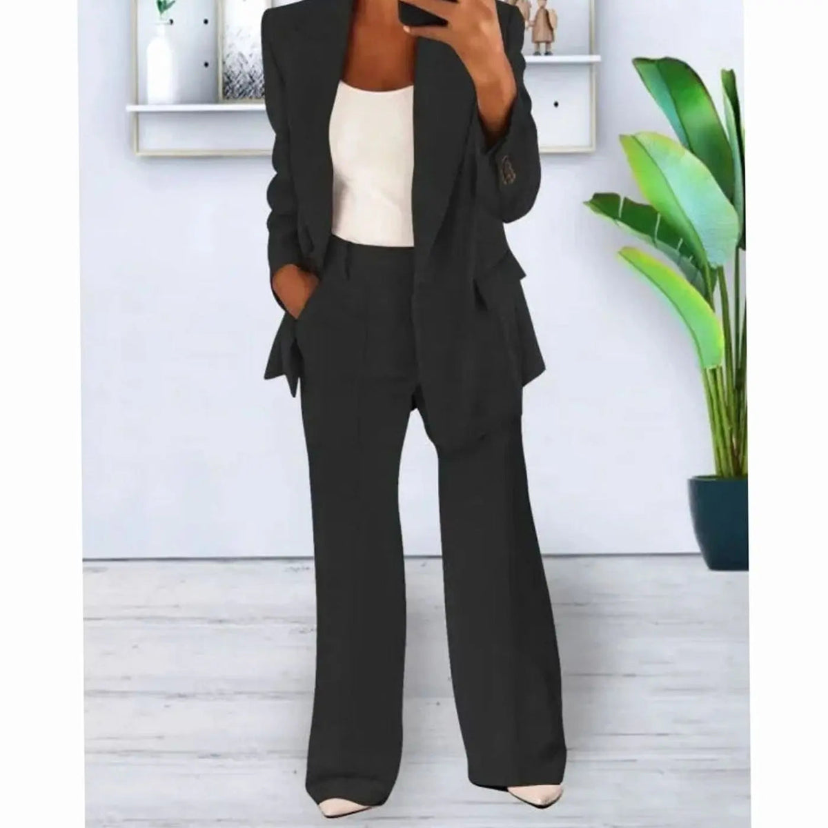 Conjunto de traje de dos piezas entallado para mujer, con blazer largo y pantalón de pierna ancha