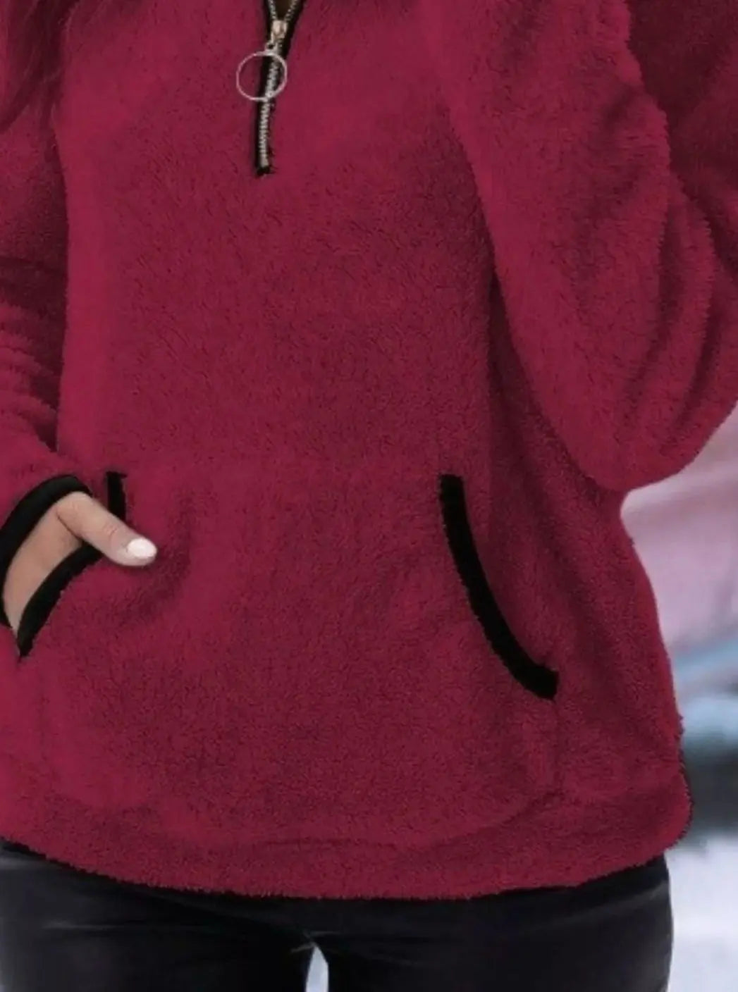 Jersey de forro polar tipo teddy con media cremallera y bolsillo tipo canguro para mujer