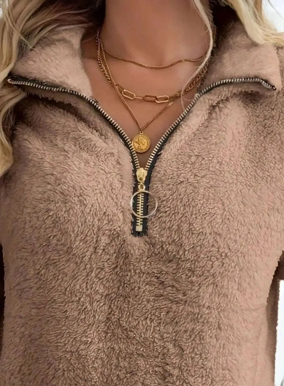 Jersey de forro polar tipo teddy con media cremallera y bolsillo tipo canguro para mujer