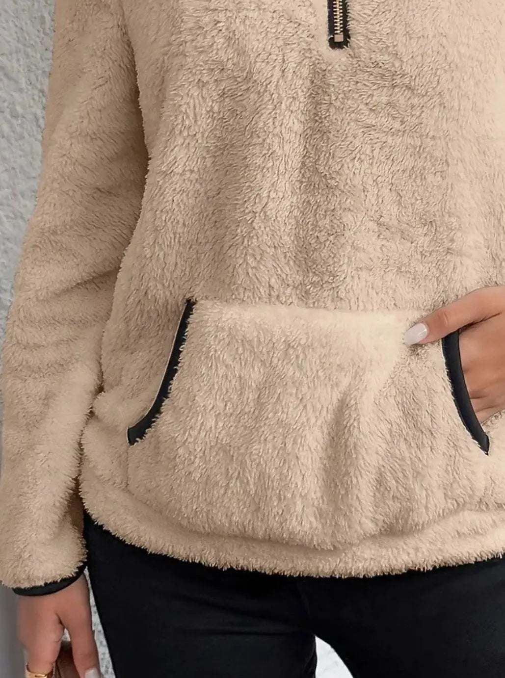 Jersey de forro polar tipo teddy con media cremallera y bolsillo tipo canguro para mujer