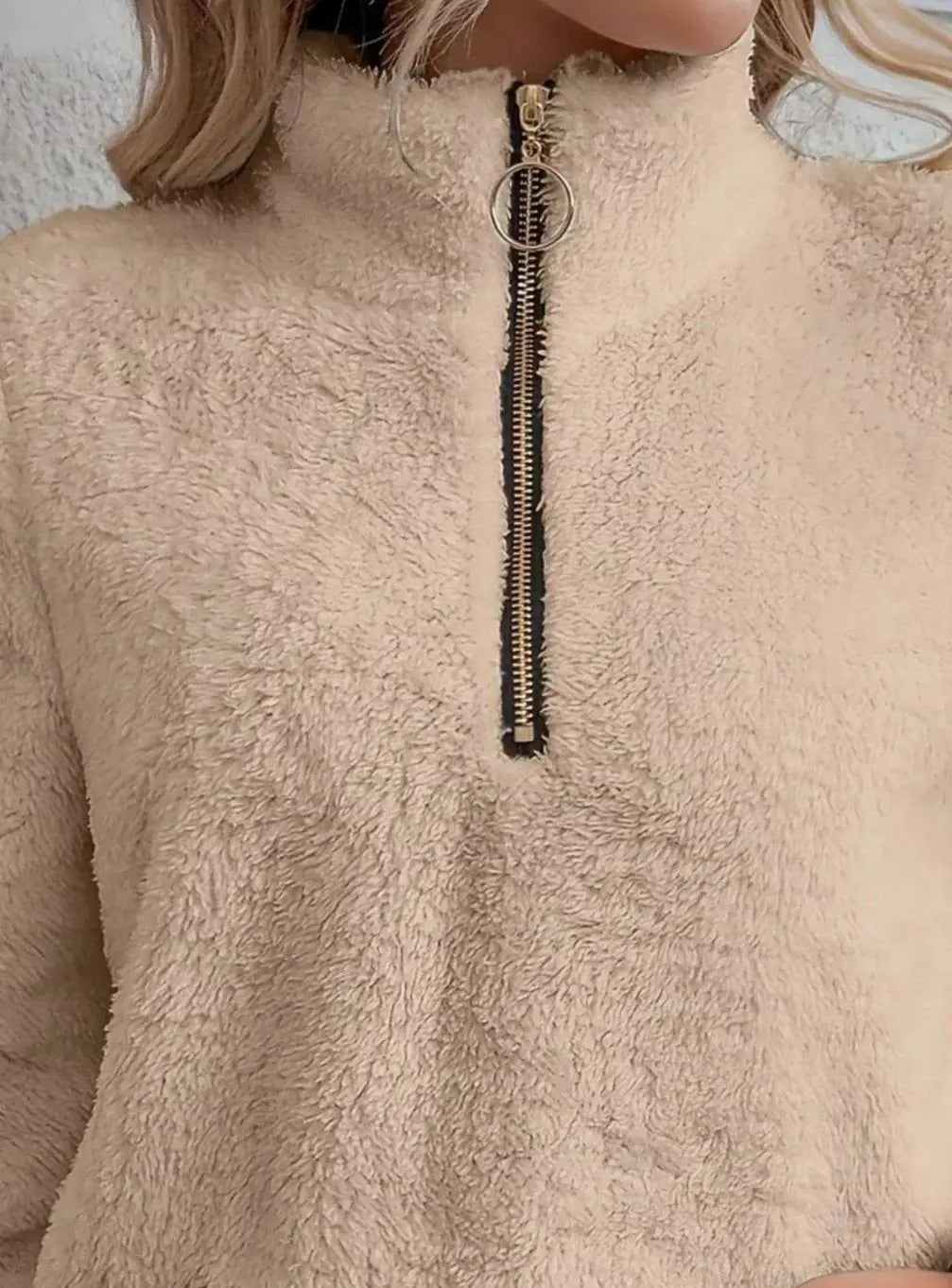 Jersey de forro polar tipo teddy con media cremallera y bolsillo tipo canguro para mujer