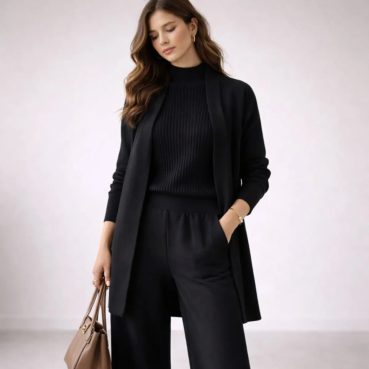 Conjunto de punto de tres piezas para estar en casa, para mujer, con vestido largo de noche relajado y cárdigan