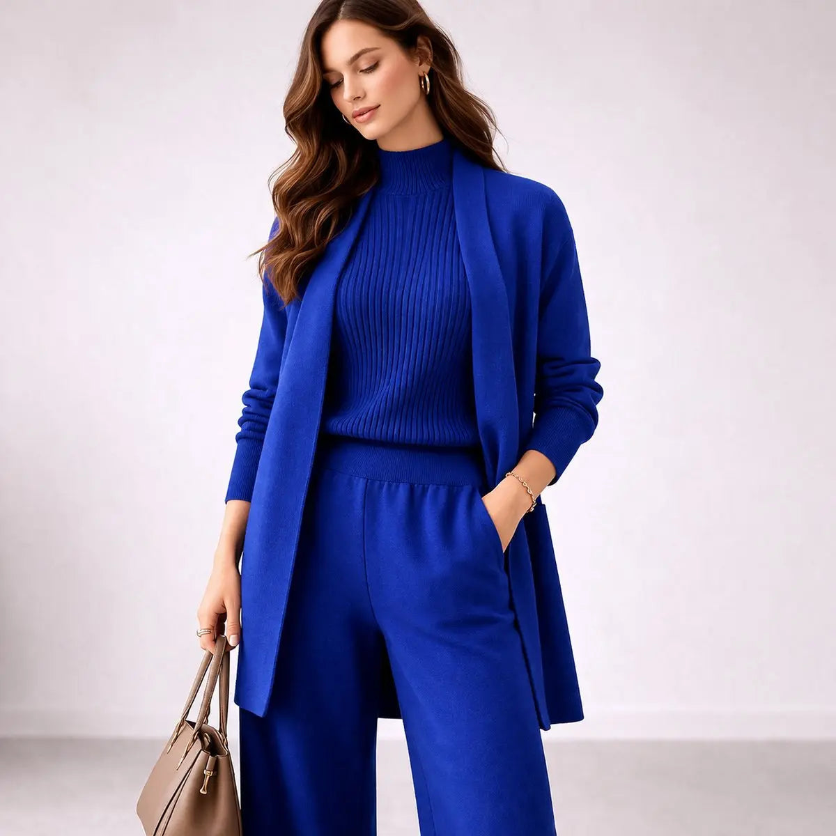 Conjunto de punto de tres piezas para estar en casa, para mujer, con vestido largo de noche relajado y cárdigan