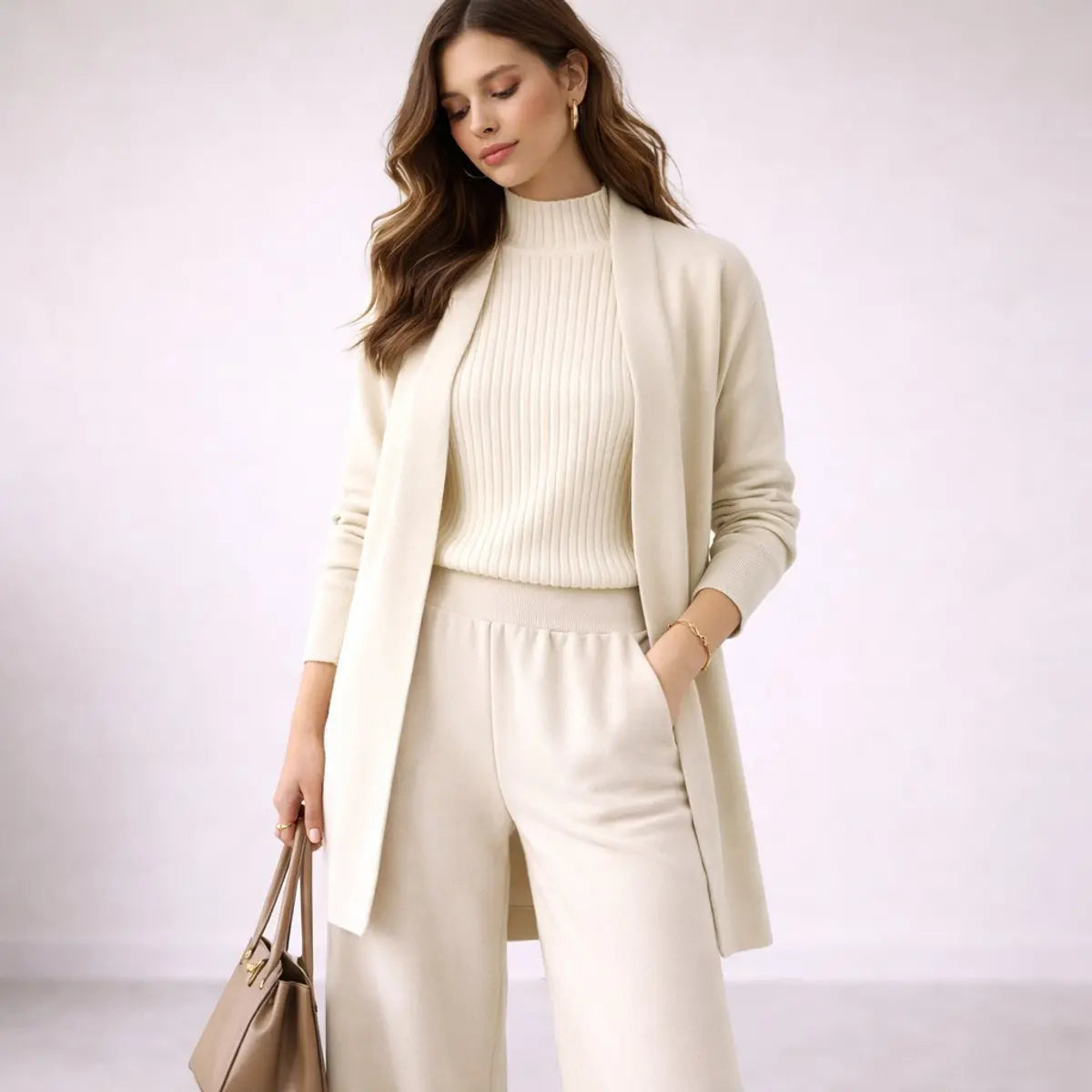 Conjunto de punto de tres piezas para estar en casa, para mujer, con vestido largo de noche relajado y cárdigan