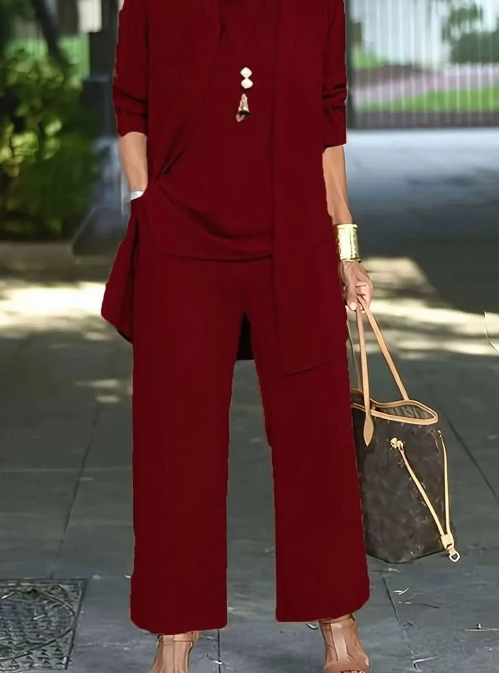 Conjunto de tres piezas para mujer con pantalón de pierna ancha y corte relajado