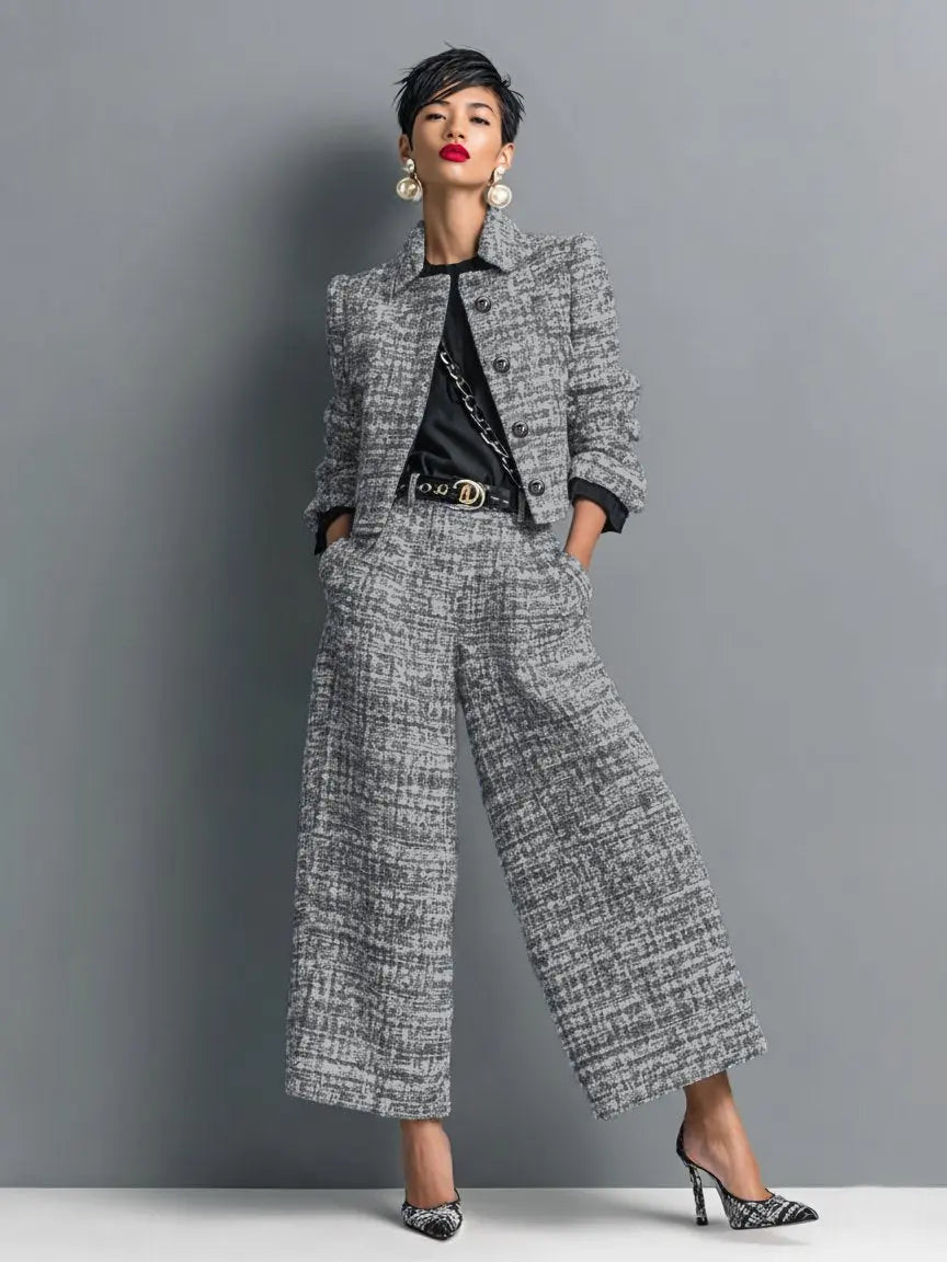 Traje de dos piezas de tweed para mujer con blazer corto y pantalón de pierna ancha