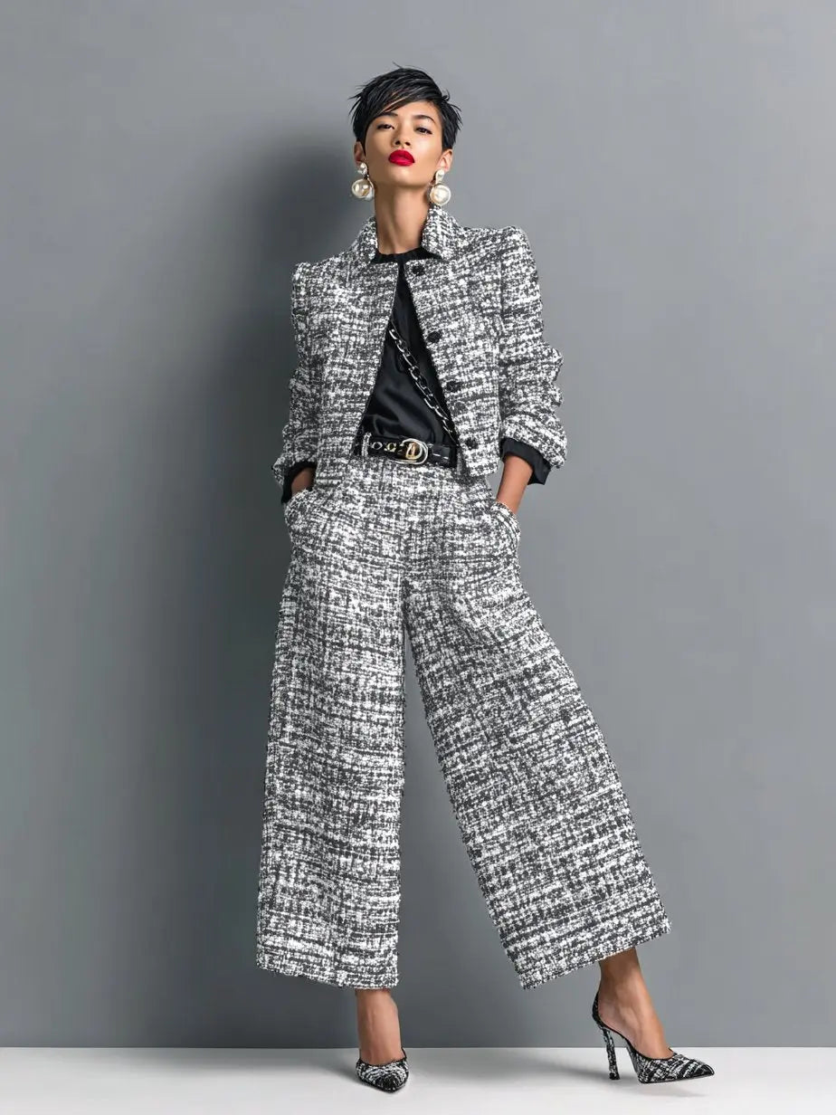 Traje de dos piezas de tweed para mujer con blazer corto y pantalón de pierna ancha