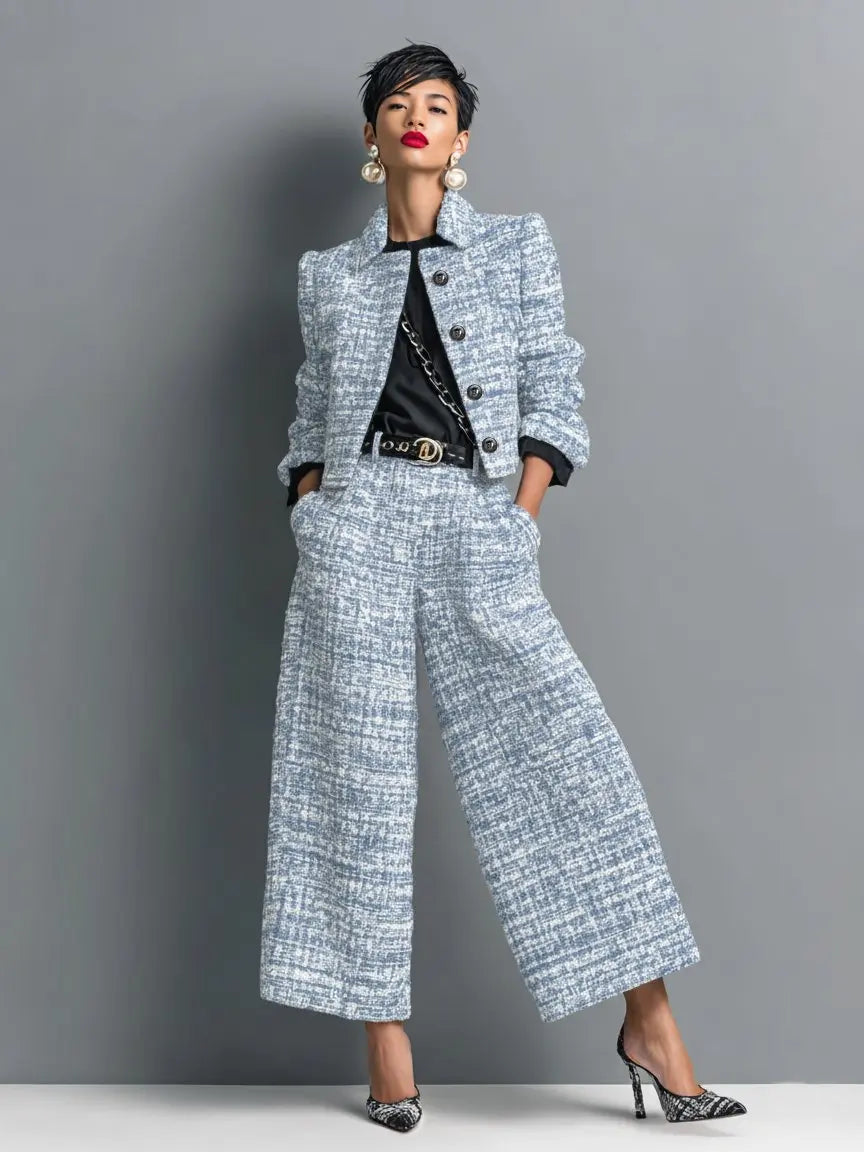 Traje de dos piezas de tweed para mujer con blazer corto y pantalón de pierna ancha