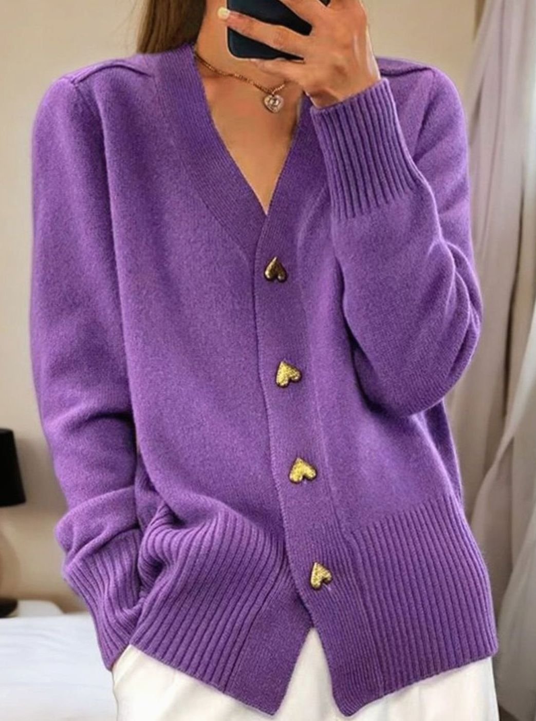 Cárdigan de punto para mujer con escote en V y botones dorados en forma de corazón