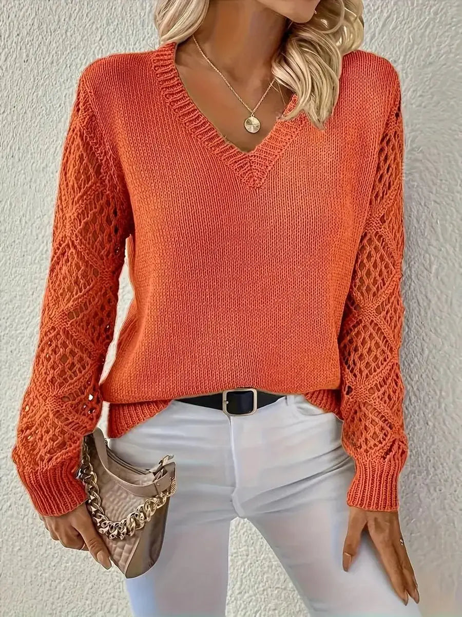 Suéter de punto para mujer con escote en V y mangas caladas