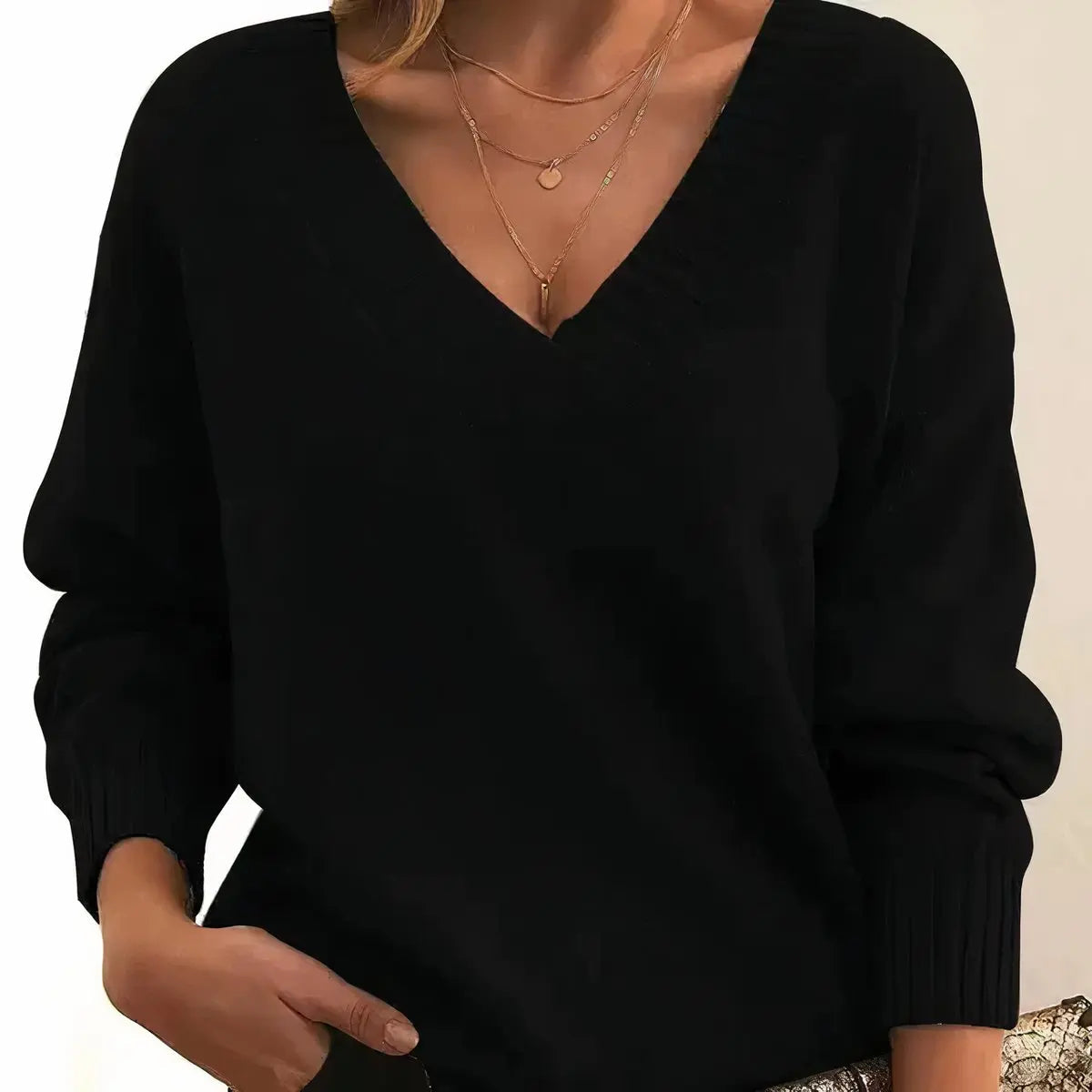 Suéter de punto para mujer con escote en V, mangas largas y cuello redondo