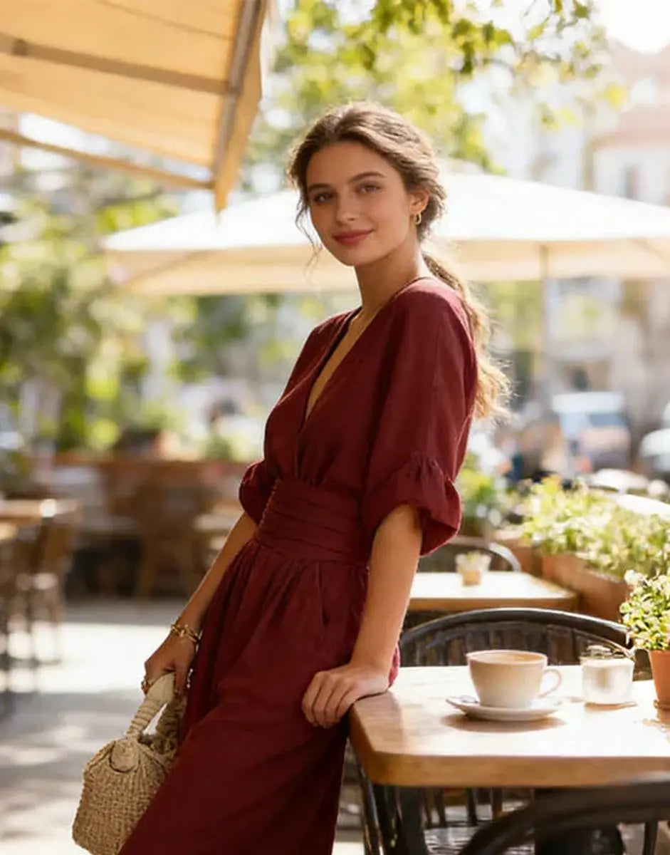 Mono de pierna ancha para mujer con escote en V y cuerpo cruzado