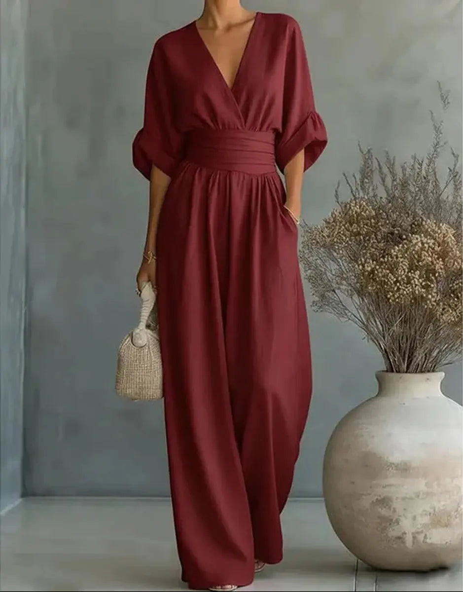 Mono de pierna ancha para mujer con escote en V y cuerpo cruzado
