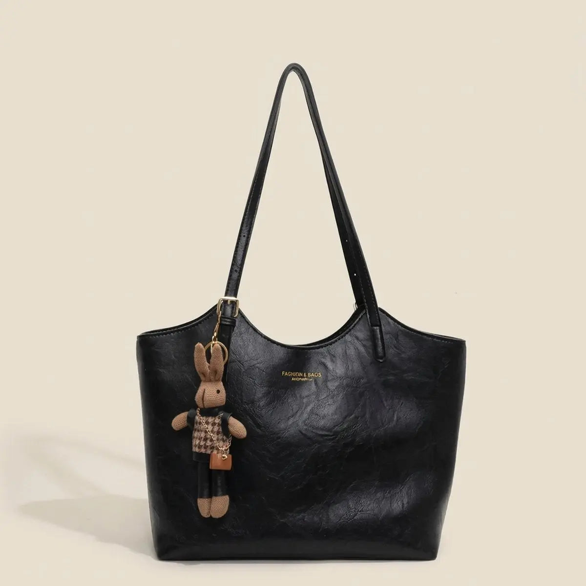 Bolso tote de hombro de cuero vegano para mujer con adorno de conejito de felpa