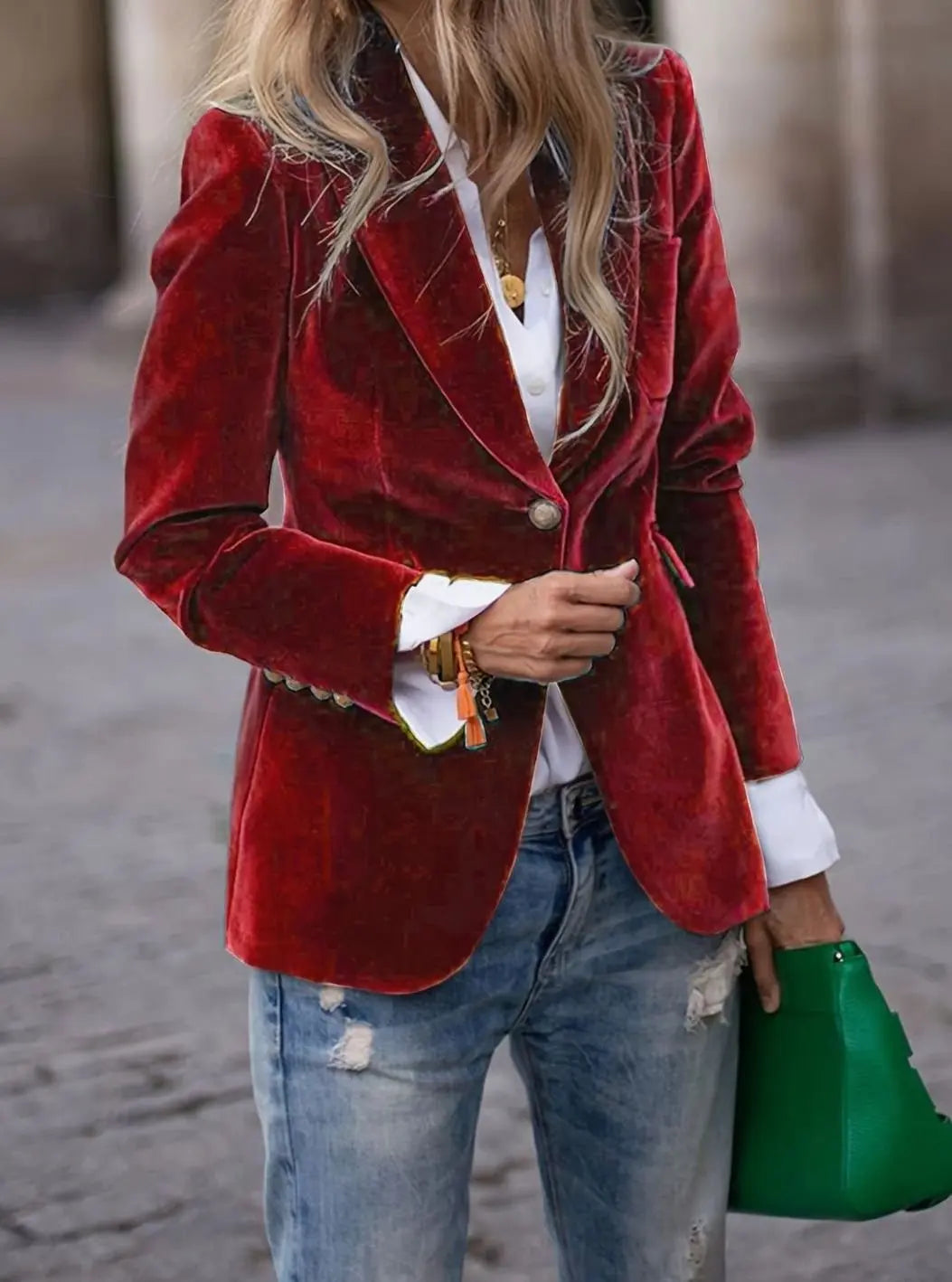 Blazer casual de terciopelo para mujer con un botón y chaqueta entallada
