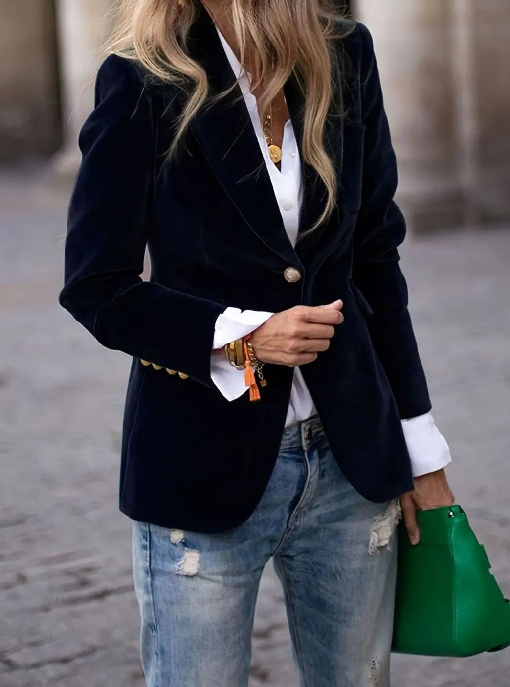 Blazer casual de terciopelo para mujer con un botón y chaqueta entallada