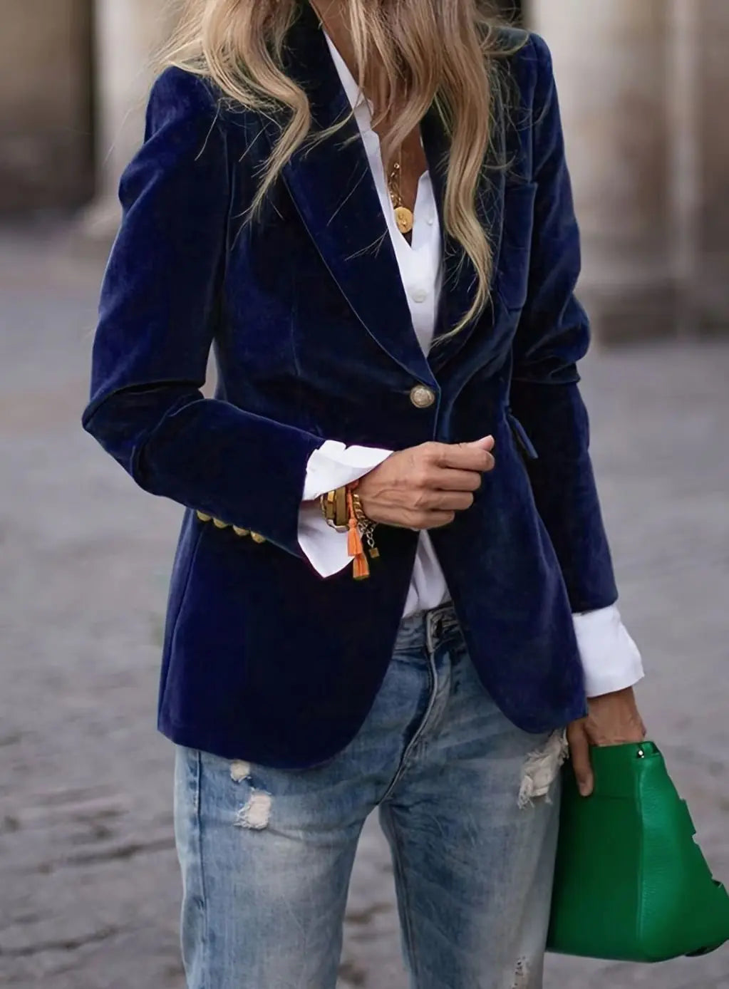 Blazer casual de terciopelo para mujer con un botón y chaqueta entallada