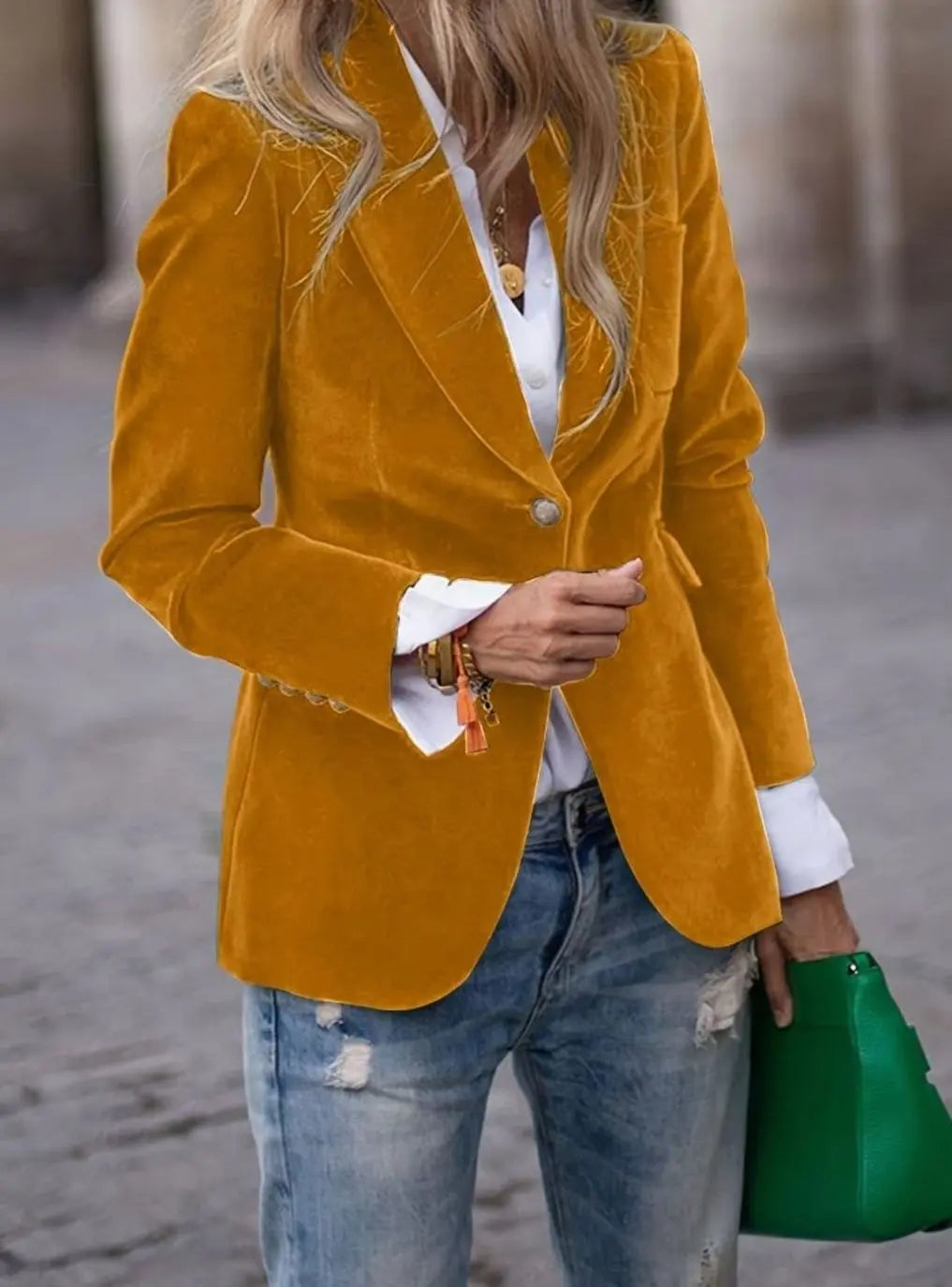 Blazer casual de terciopelo para mujer con un botón y chaqueta entallada