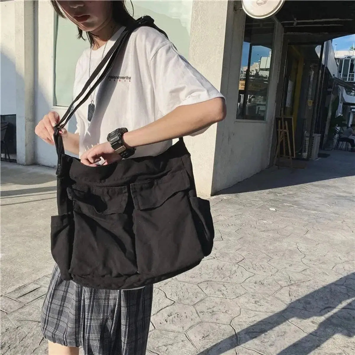 Bolso tote vintage de lona para mujer, con múltiples bolsillos, para llevar cruzado o al hombro