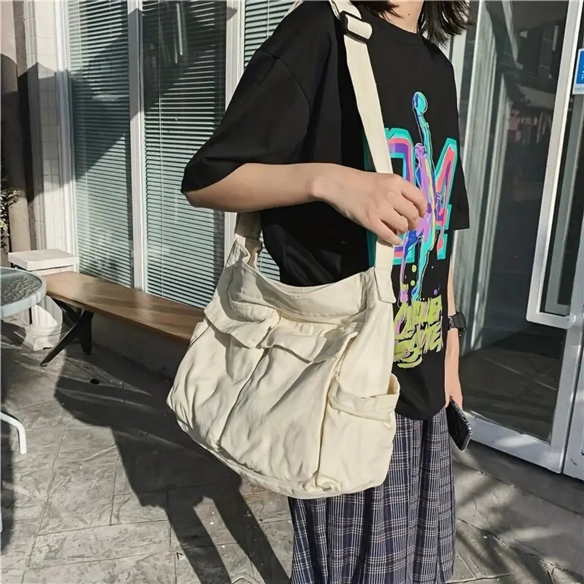 Bolso tote vintage de lona para mujer, con múltiples bolsillos, para llevar cruzado o al hombro