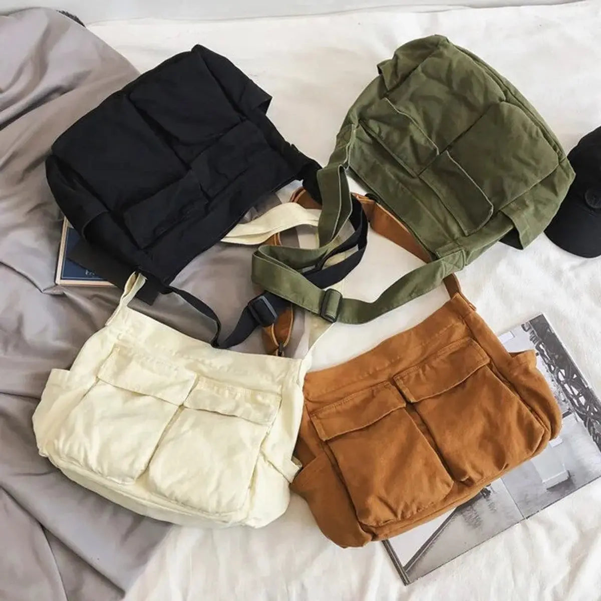 Bolso tote vintage de lona para mujer, con múltiples bolsillos, para llevar cruzado o al hombro