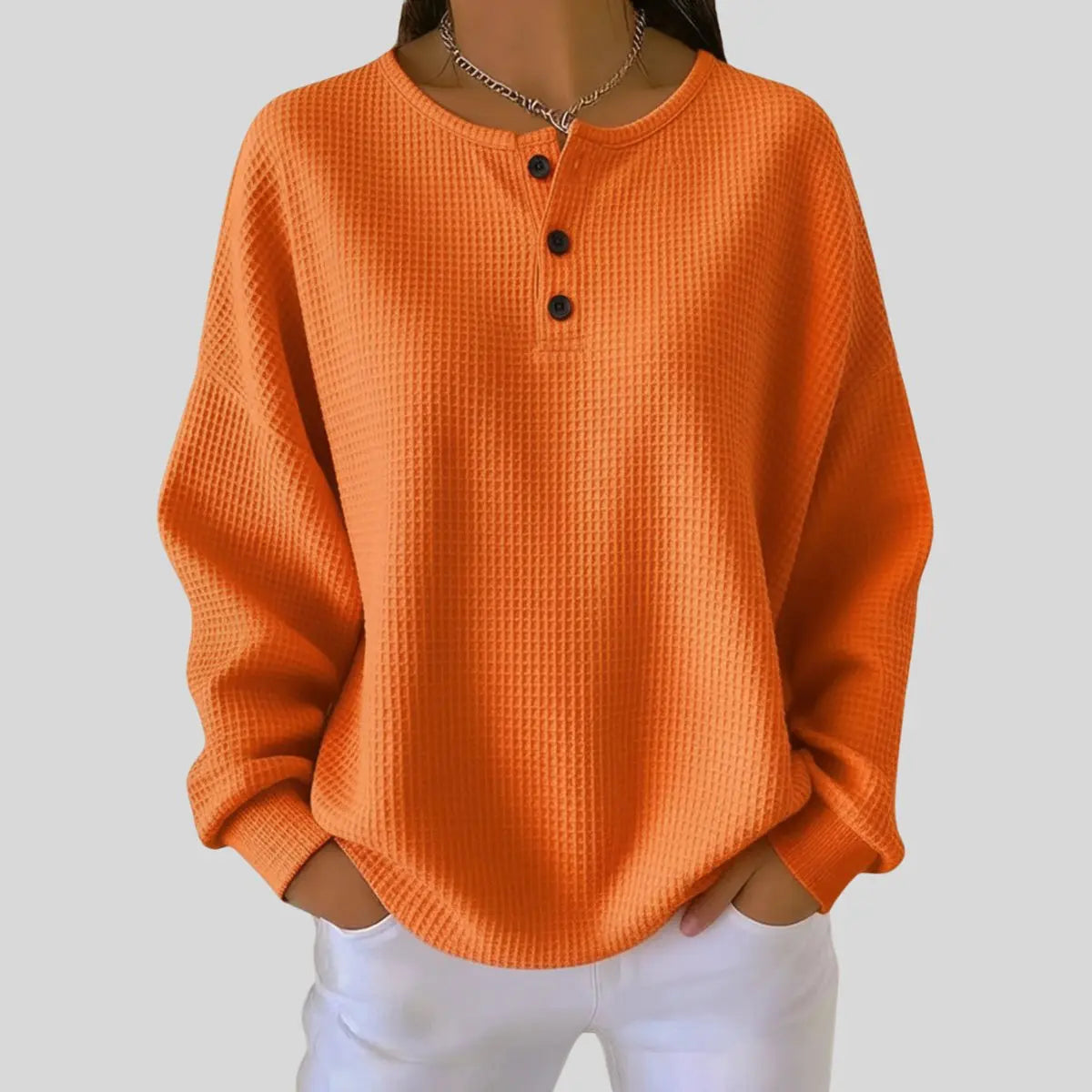 Jersey de punto gofrado de manga larga para mujer, con cuello Henley y estilo de pulóver