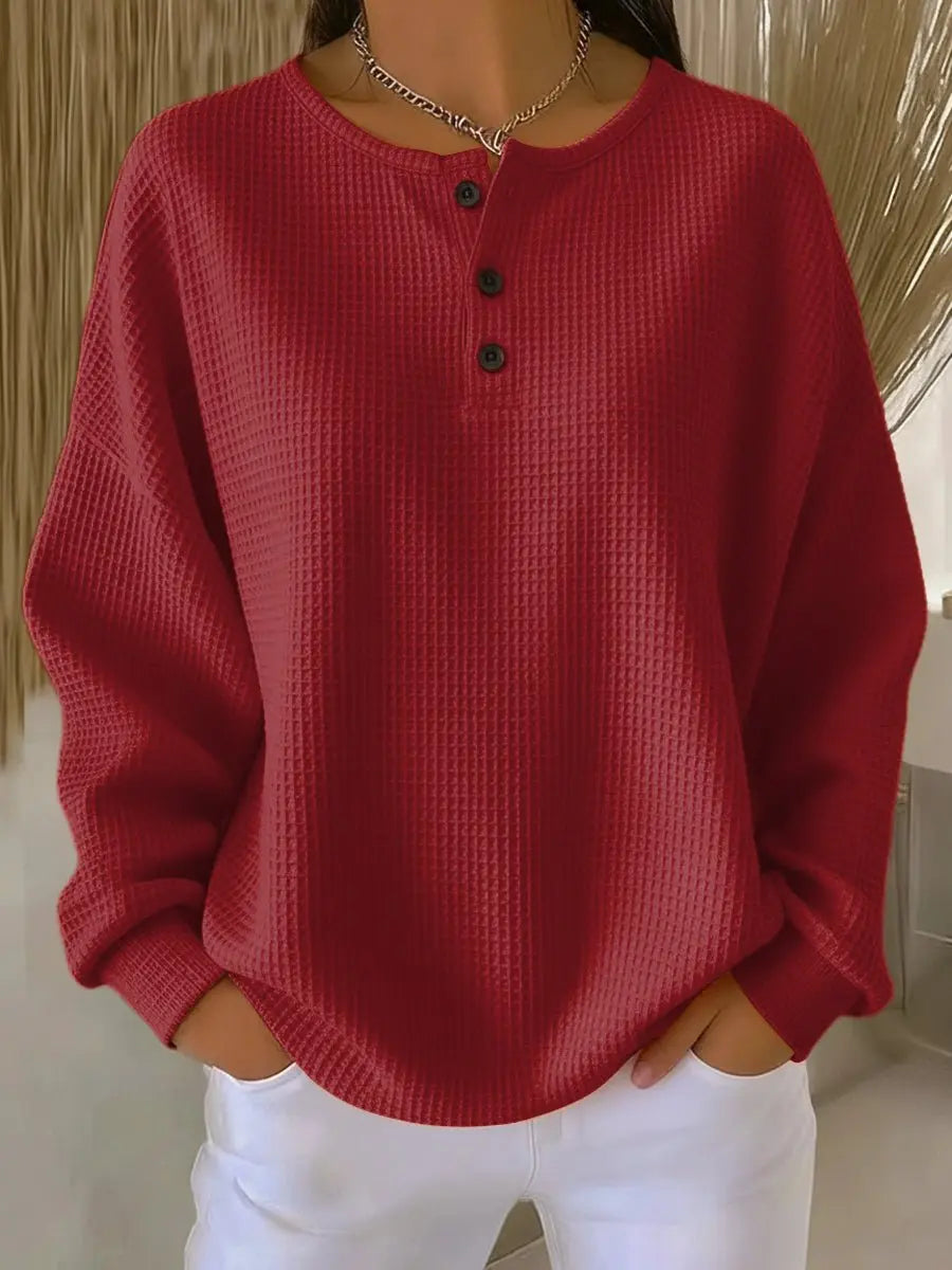 Jersey de punto gofrado de manga larga para mujer, con cuello Henley y estilo de pulóver