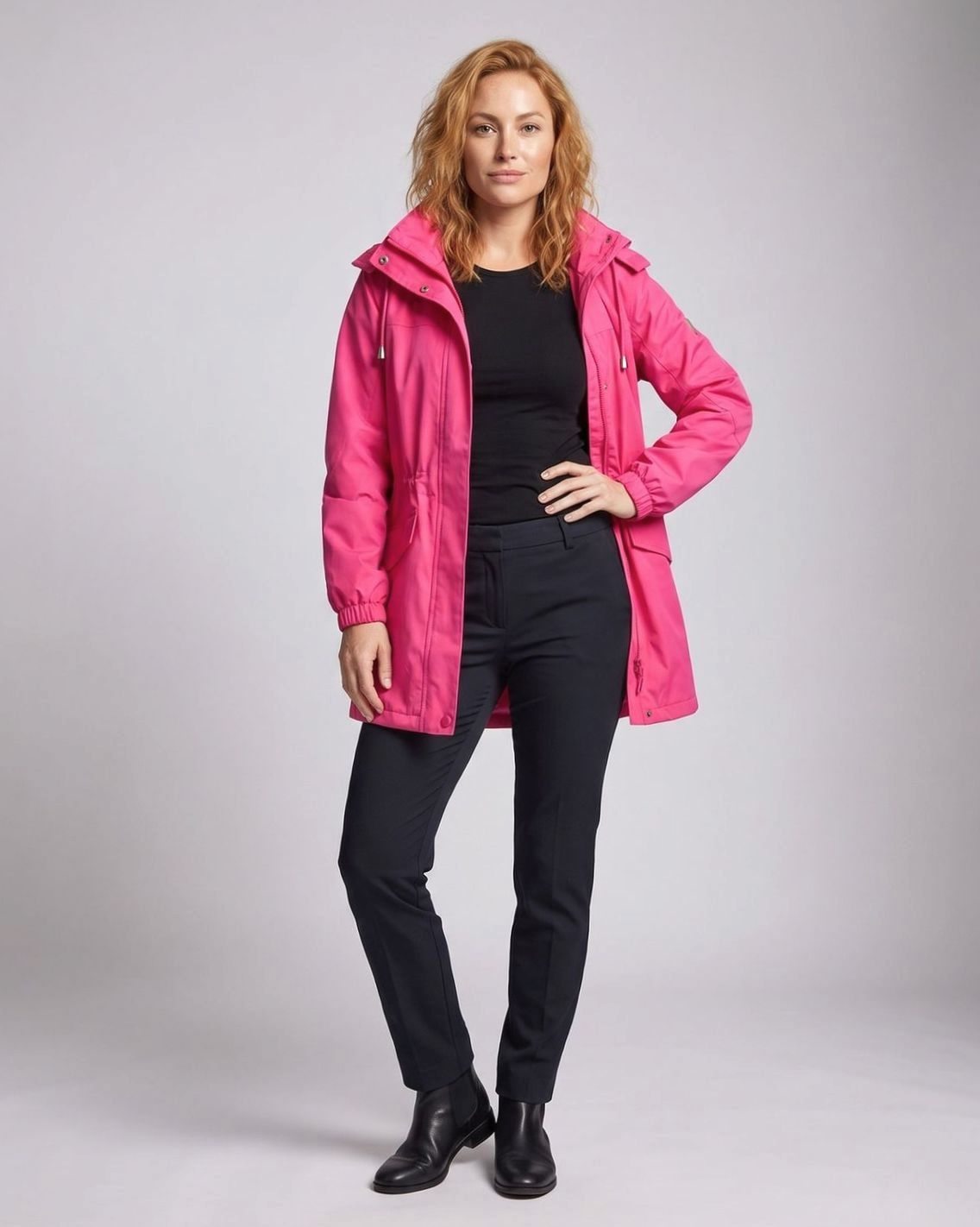 Parka larga impermeable con capucha para mujer, con cintura ajustable mediante cordón