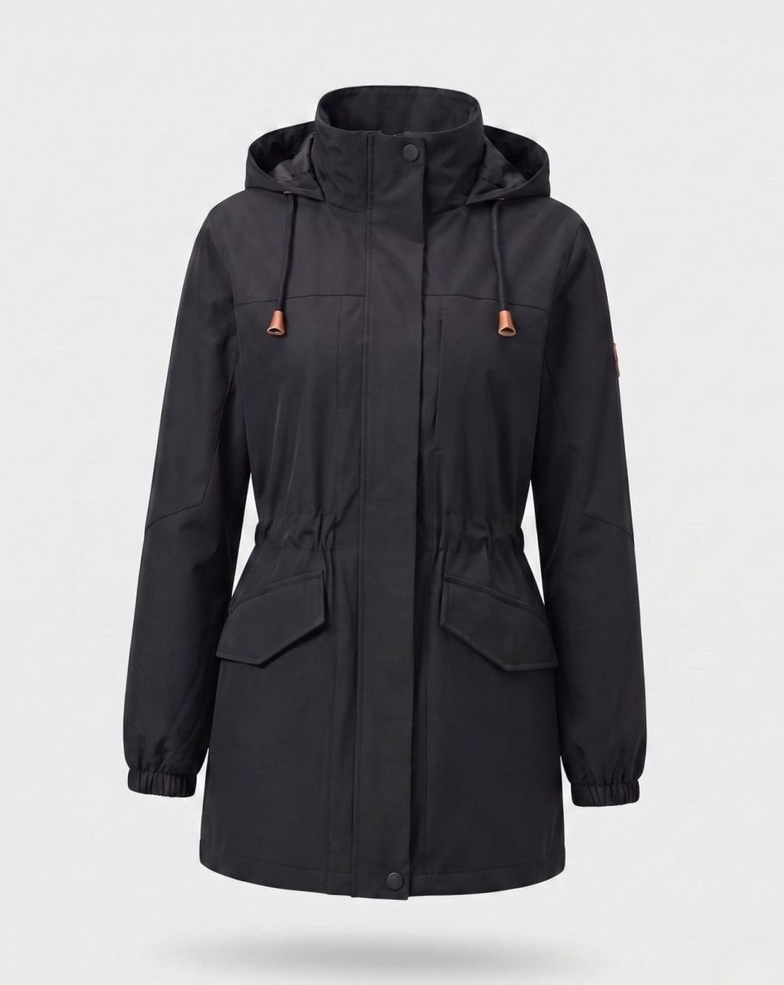 Parka larga impermeable con capucha para mujer, con cintura ajustable mediante cordón