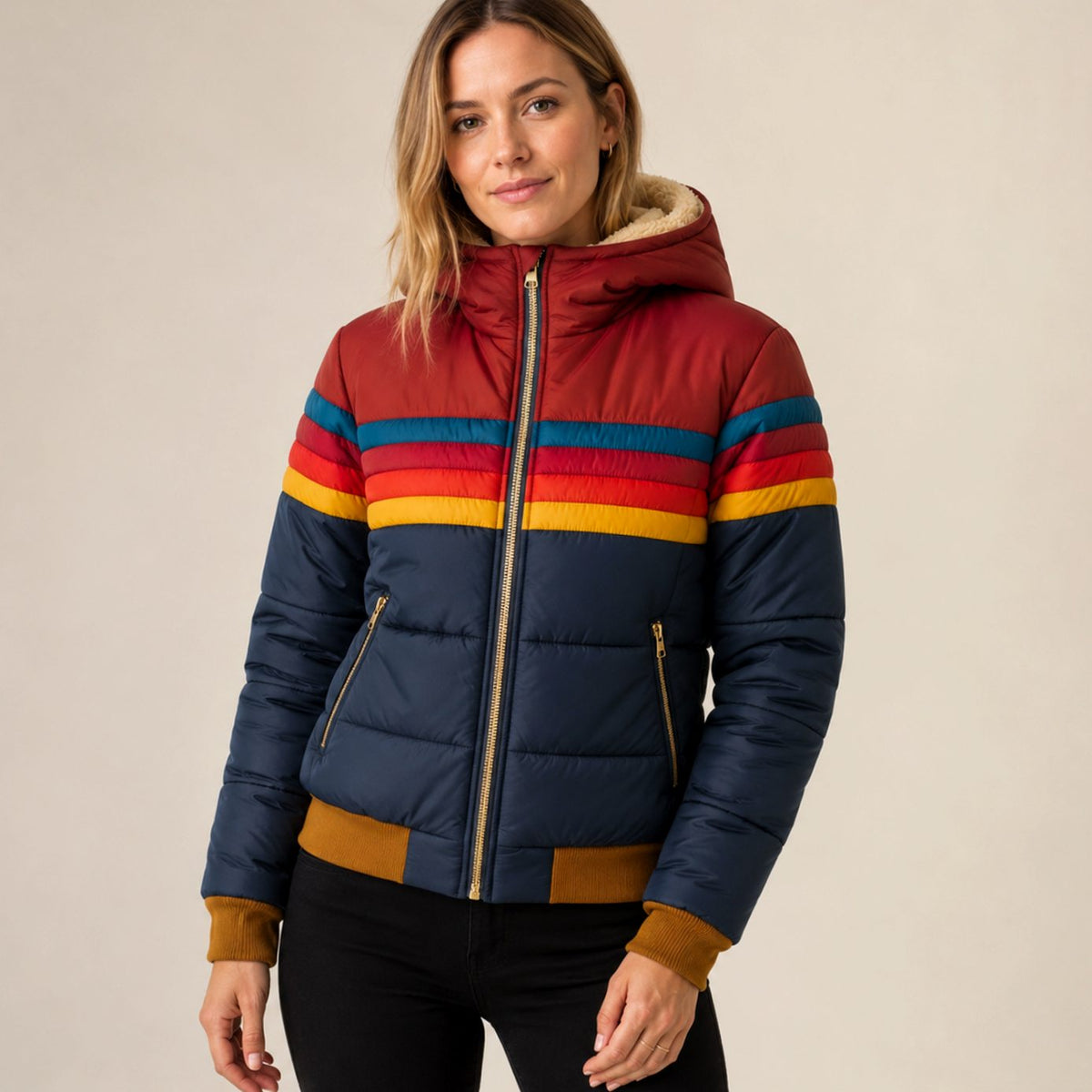 Chaqueta acolchada impermeable con capucha y rayas para mujer