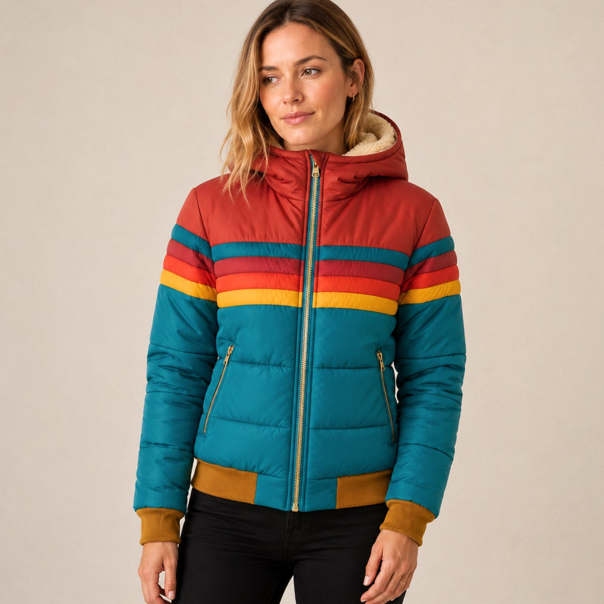 Chaqueta acolchada impermeable con capucha y rayas para mujer