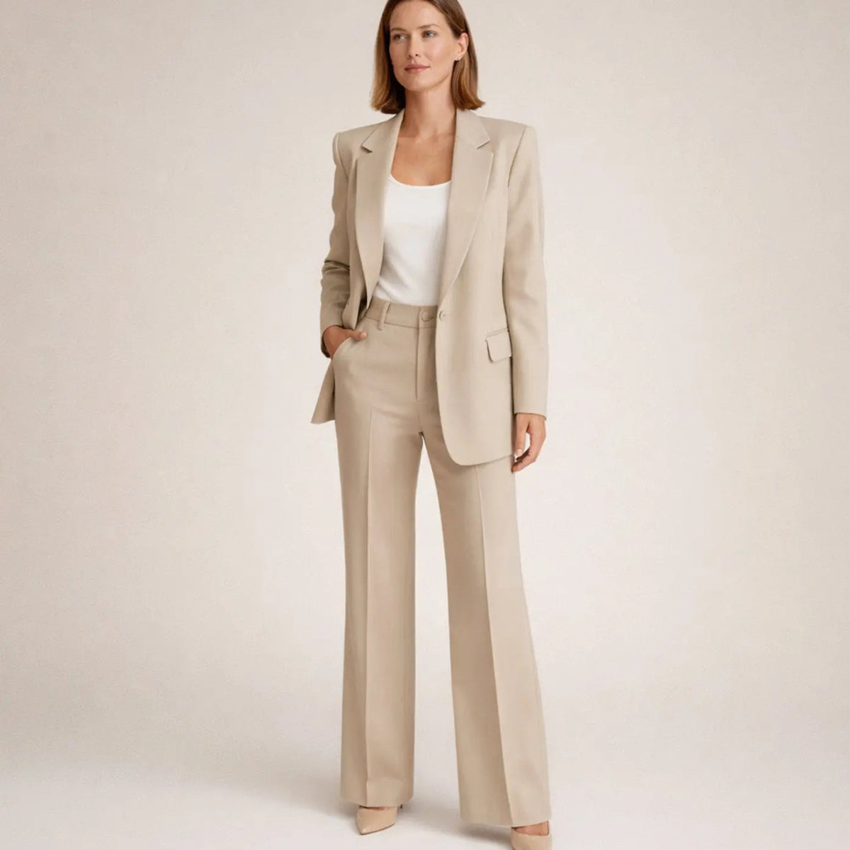 Conjunto de traje para mujer, con blazer entallada y pantalón de pernera ancha