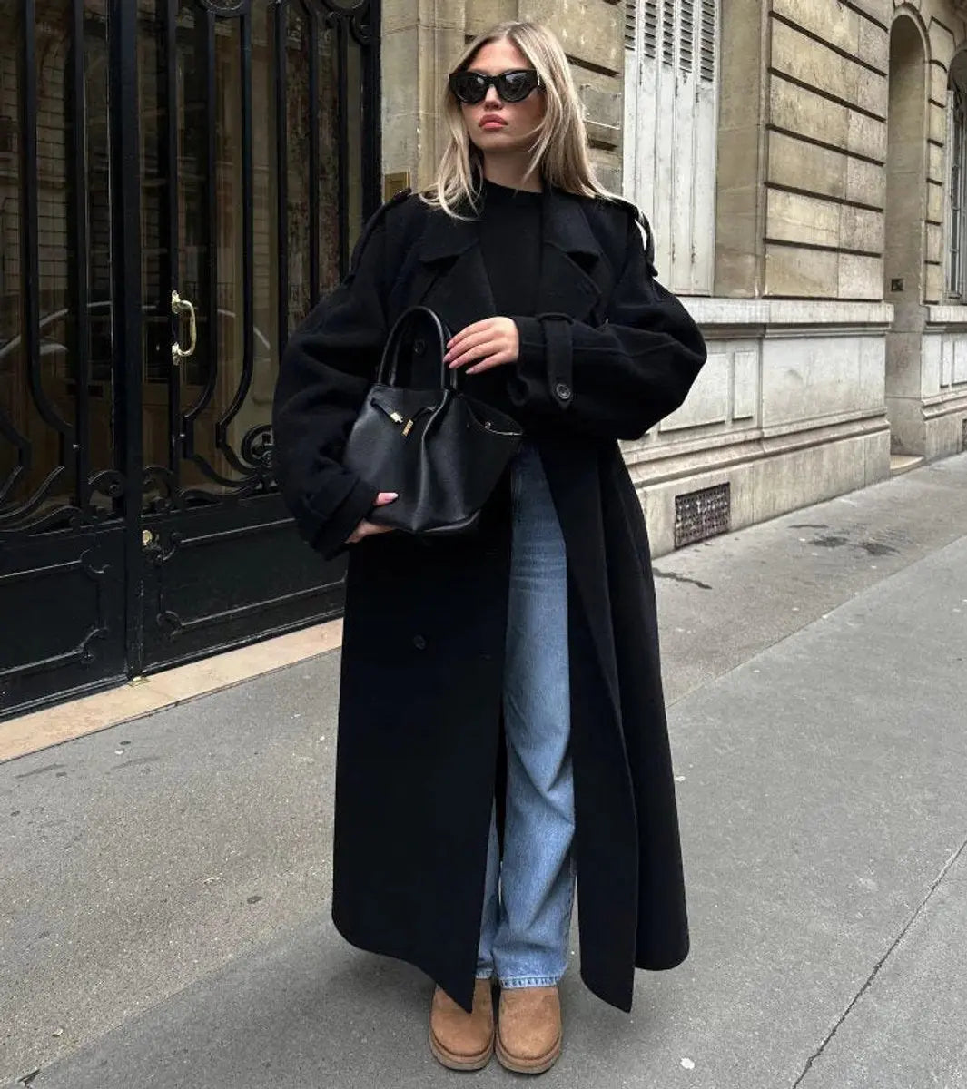 Gabardina larga de invierno para mujer, cruzada, con cinturón y aspecto de lana