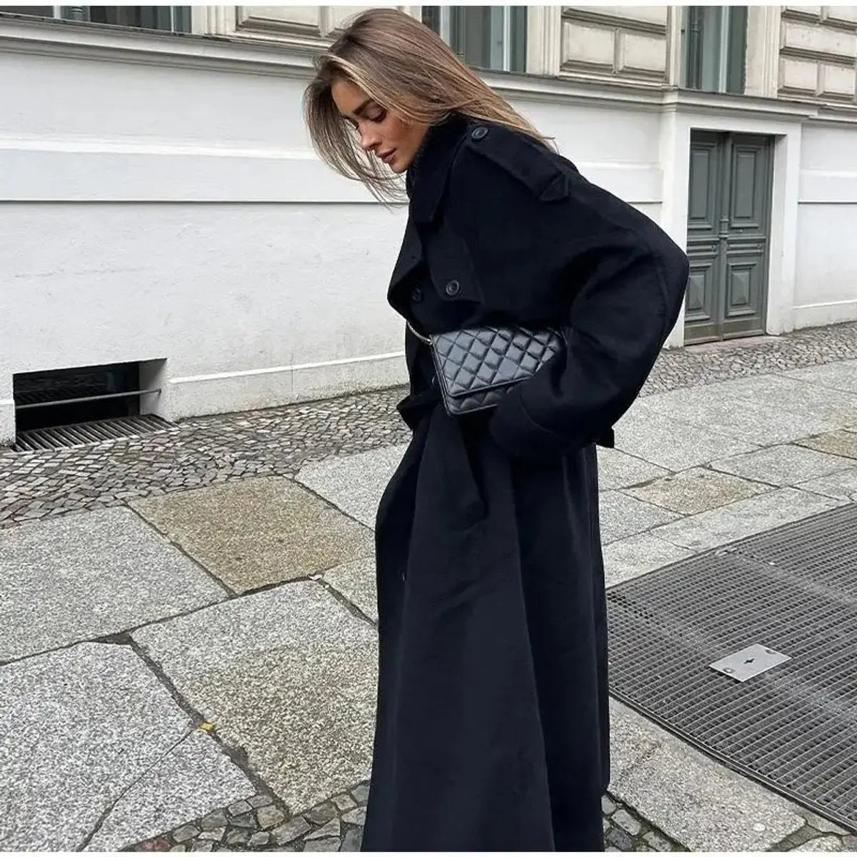 Gabardina larga de invierno para mujer, cruzada, con cinturón y aspecto de lana