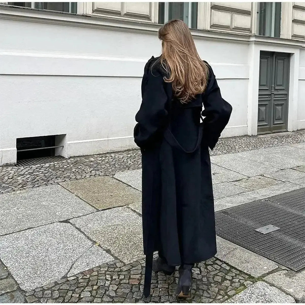 Gabardina larga de invierno para mujer, cruzada, con cinturón y aspecto de lana