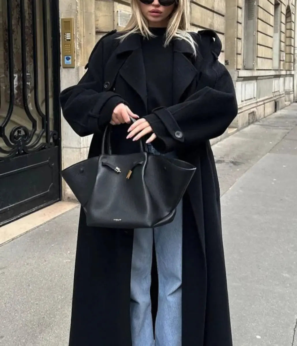 Gabardina larga de invierno para mujer, cruzada, con cinturón y aspecto de lana