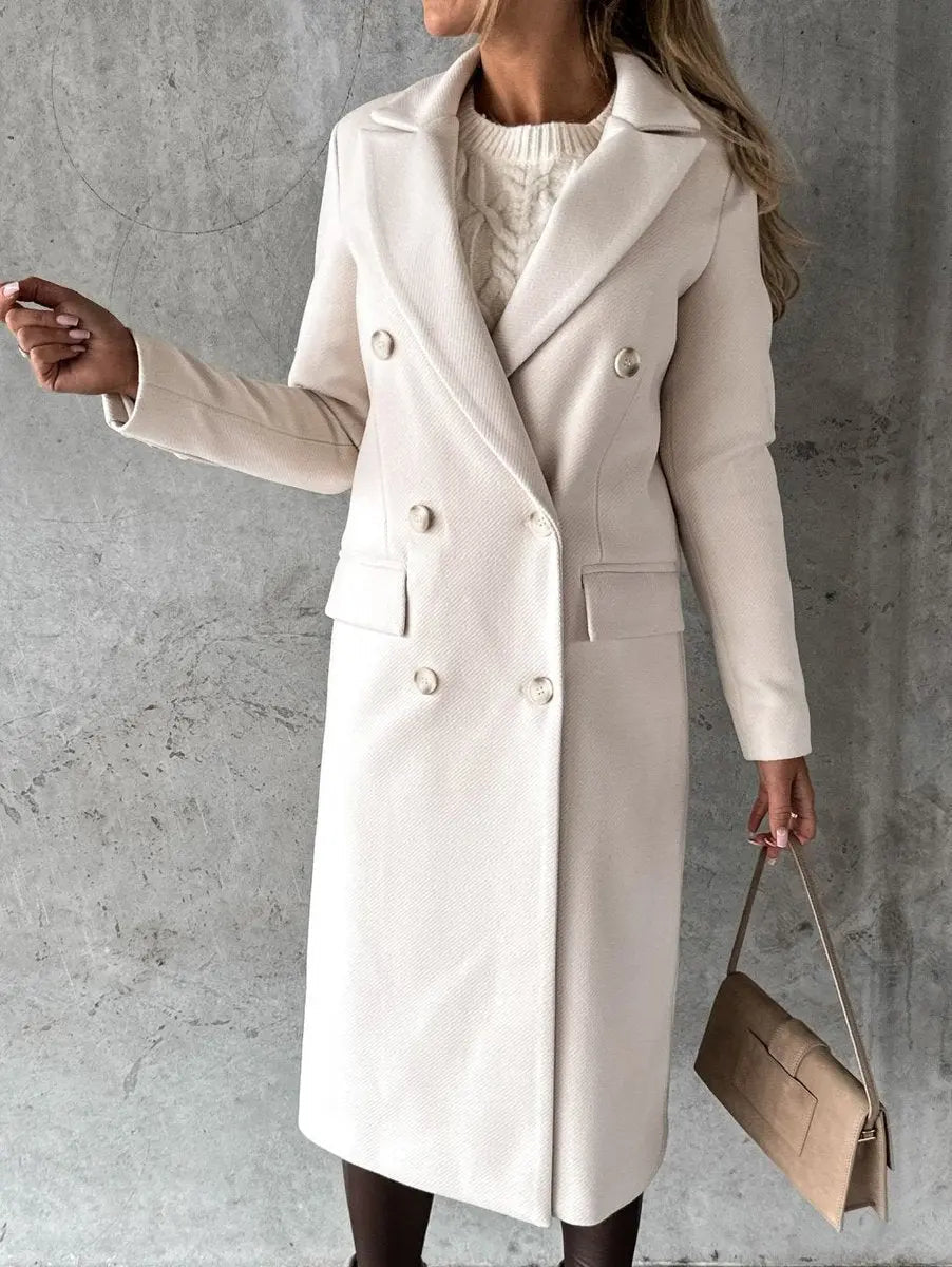 Abrigo largo de invierno para mujer, cruzado y con aspecto de lana