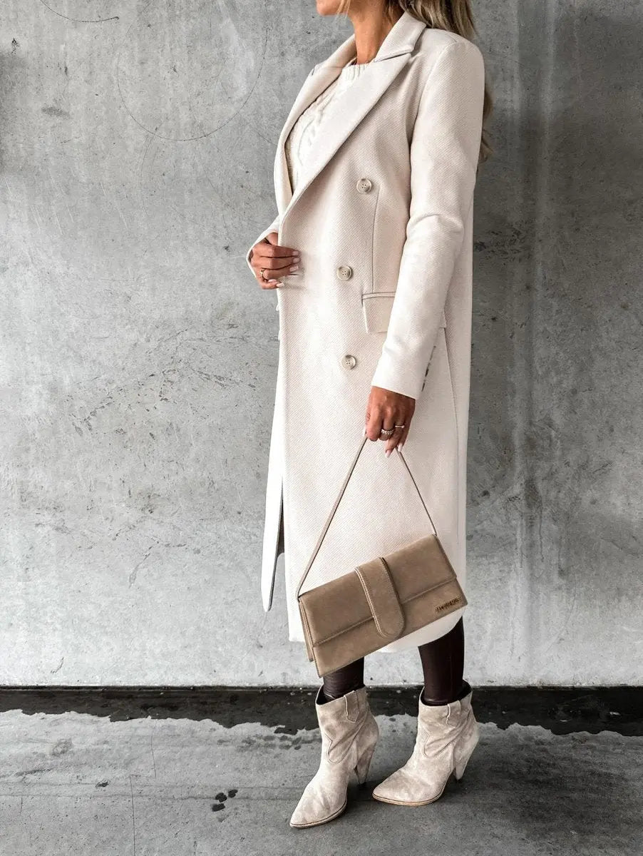 Abrigo largo de invierno para mujer, cruzado y con aspecto de lana