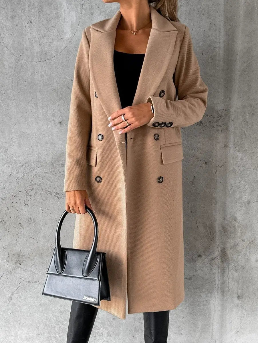 Abrigo largo de invierno para mujer, cruzado y con aspecto de lana