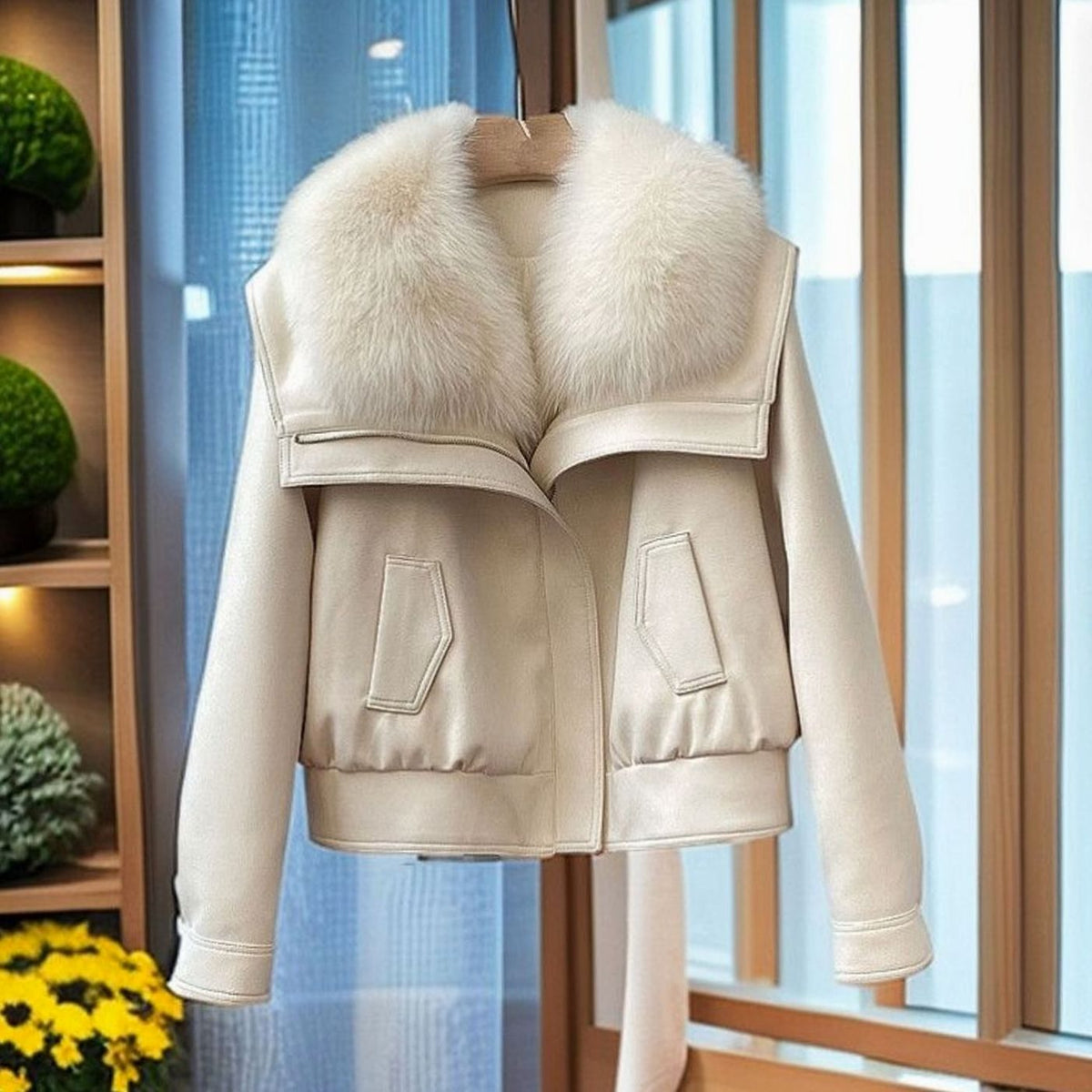 Chaqueta corta de invierno para mujer, de piel sintética, con cuello de pelo mullido