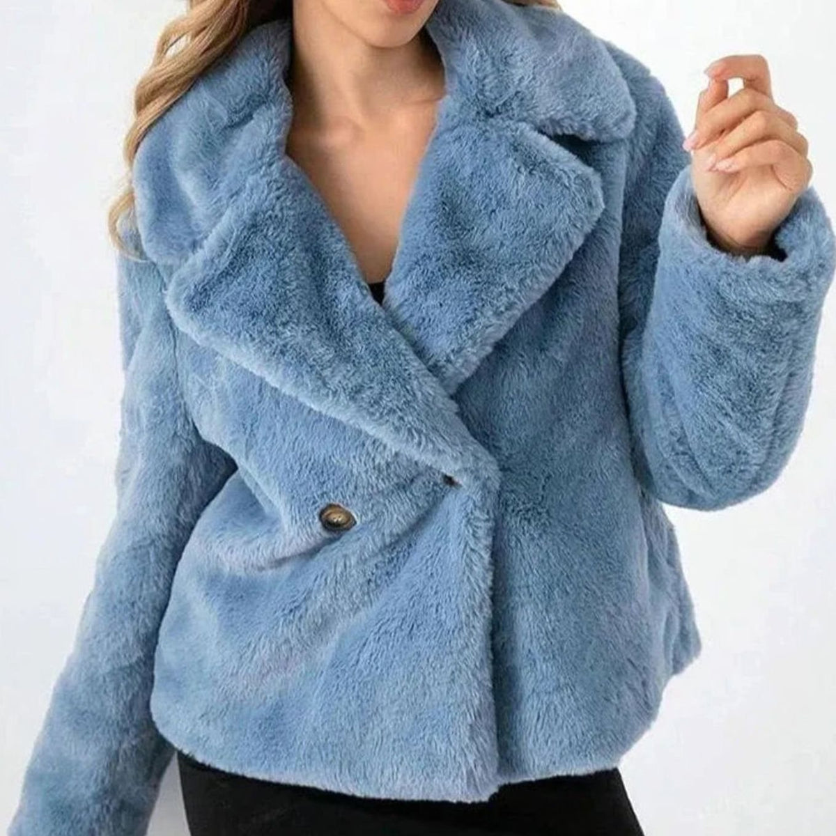 Chaqueta de invierno de piel sintética con cuello de pelo mullido para mujer, cruzada