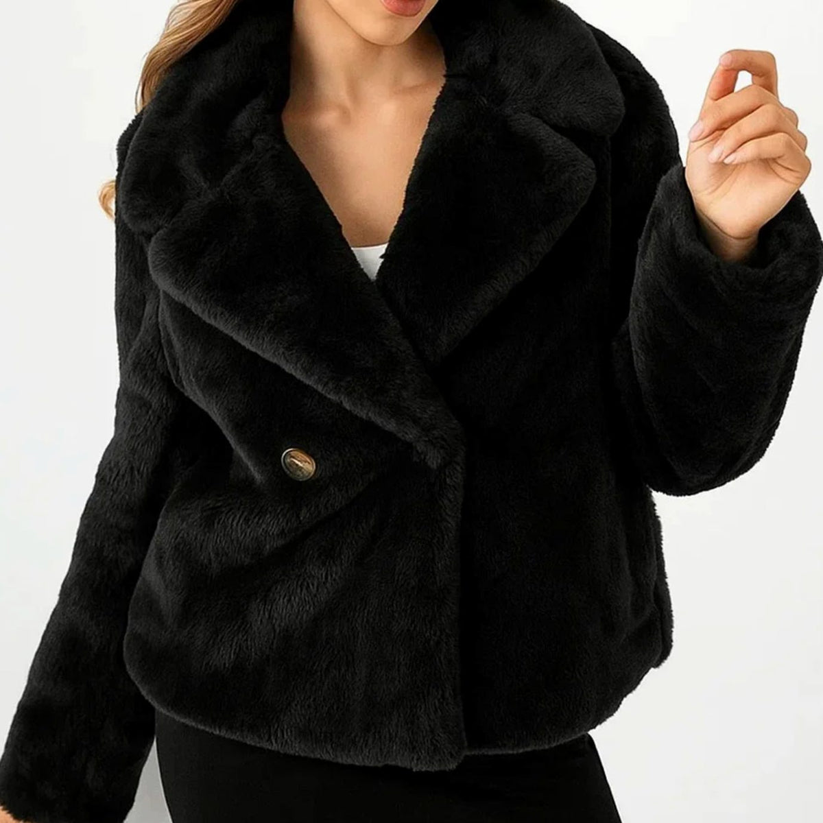Chaqueta de invierno de piel sintética con cuello de pelo mullido para mujer, cruzada