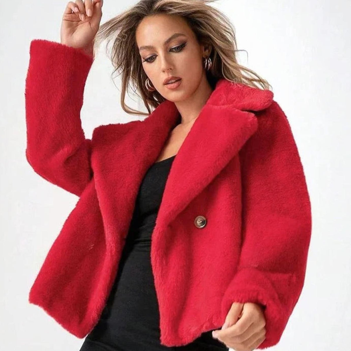 Chaqueta de invierno de piel sintética con cuello de pelo mullido para mujer, cruzada
