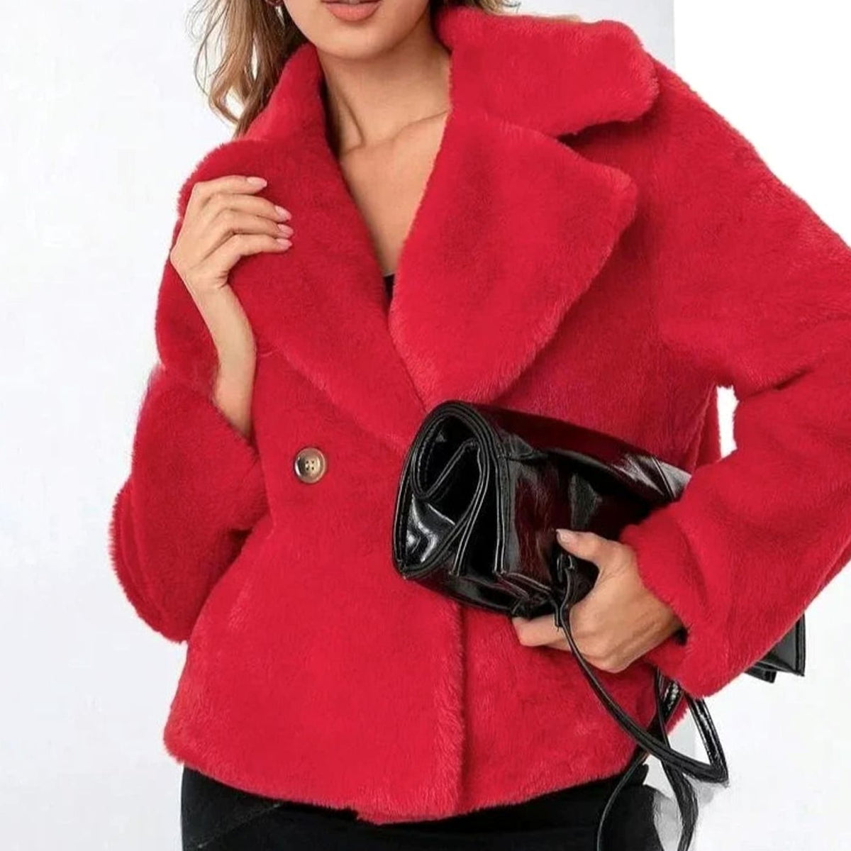 Chaqueta de invierno de piel sintética con cuello de pelo mullido para mujer, cruzada