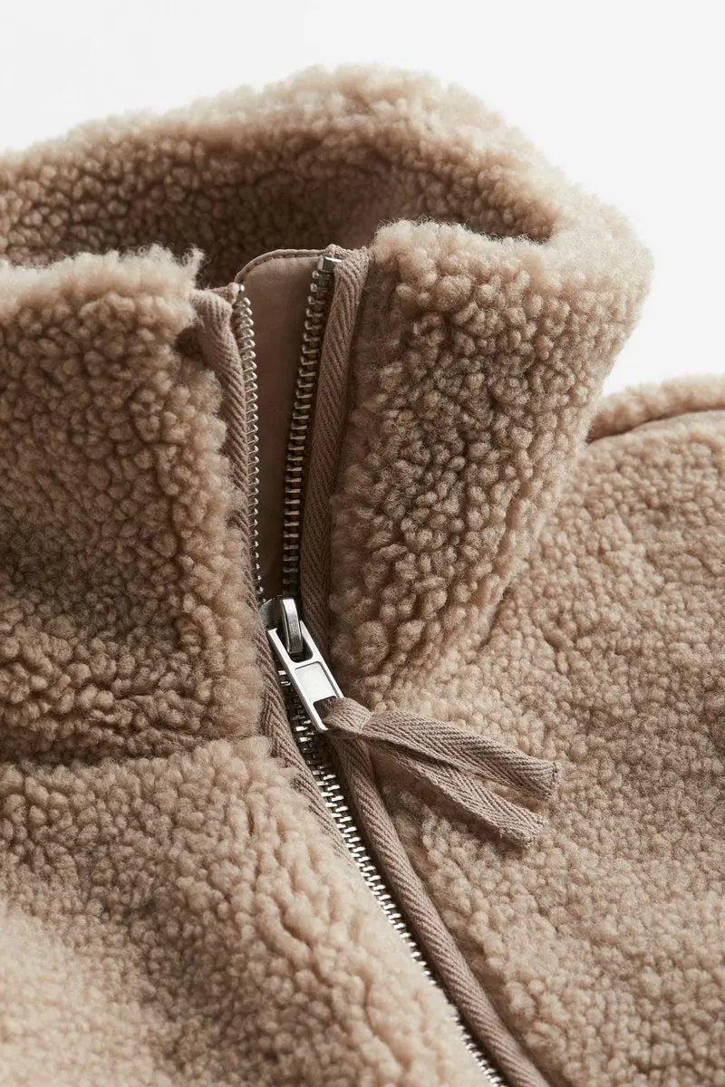 Chaqueta de invierno de forro polar teddy para mujer, de corte relajado y con cremallera