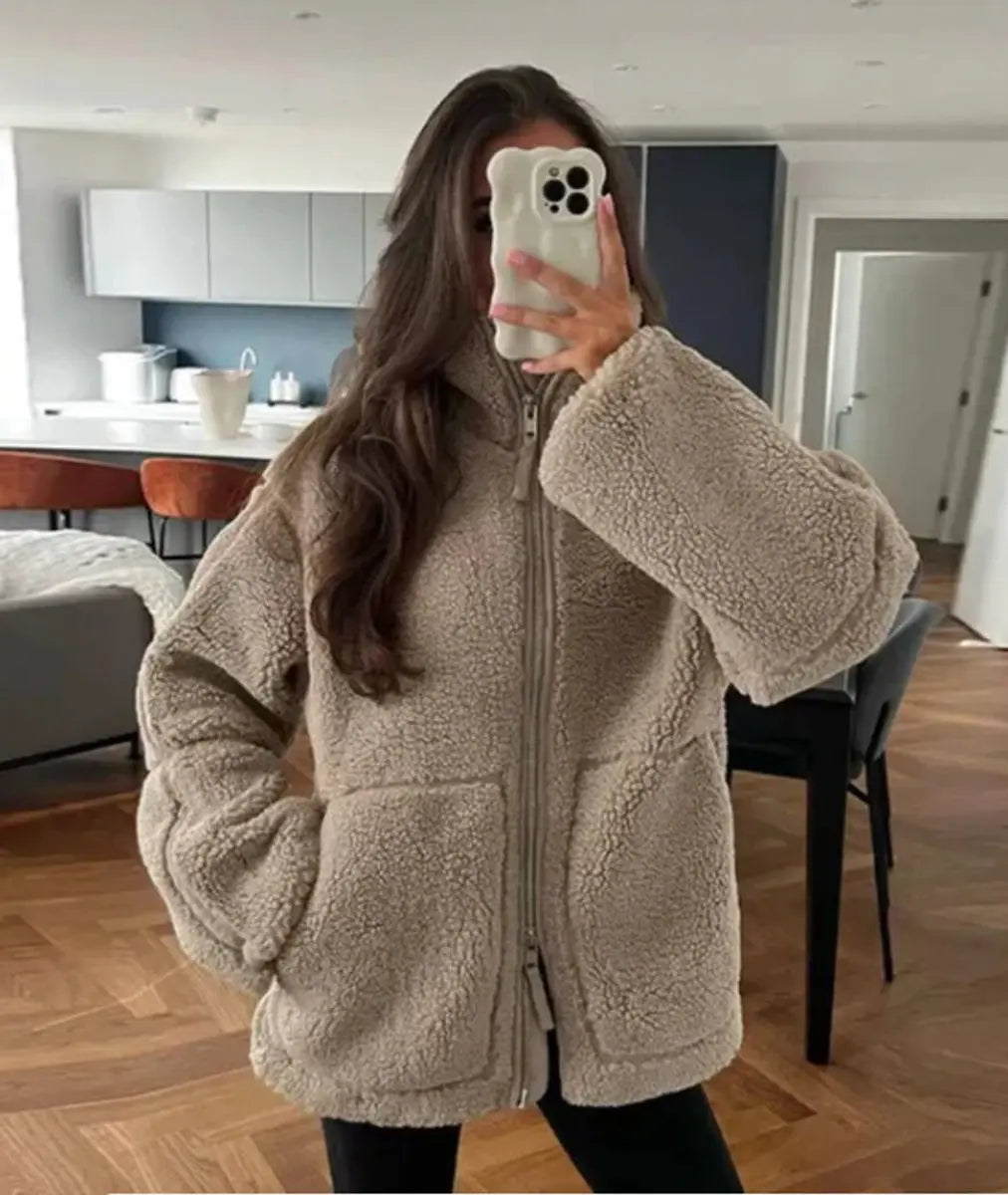 Chaqueta de invierno de forro polar teddy para mujer, de corte relajado y con cremallera