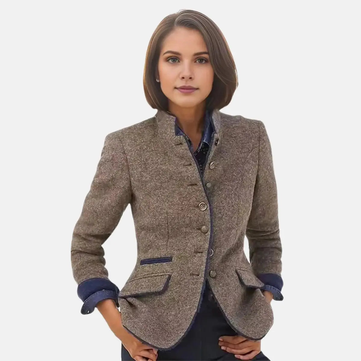 Chaqueta blazer de tweed para mujer, de invierno, con cuello alto y botones delanteros