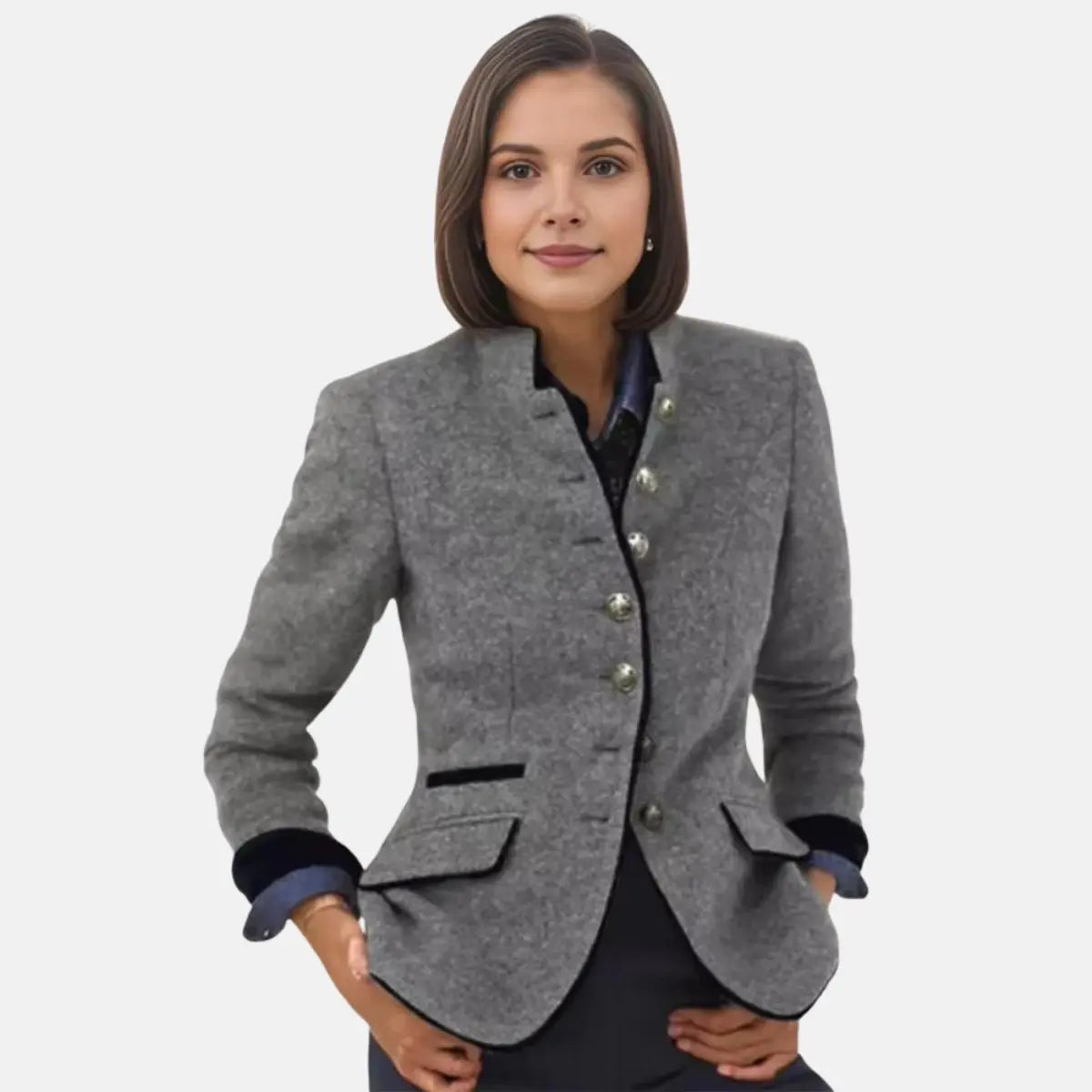 Chaqueta blazer de tweed para mujer, de invierno, con cuello alto y botones delanteros