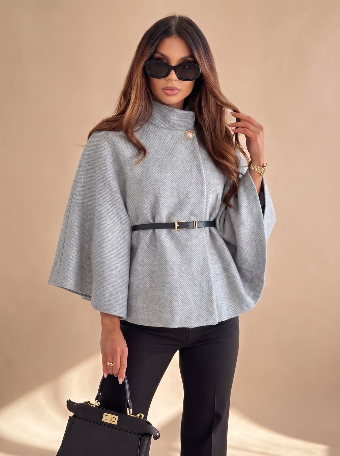 Lily | Capa chaqueta de mezcla de lana para mujer, con mangas murciélago y cinturón